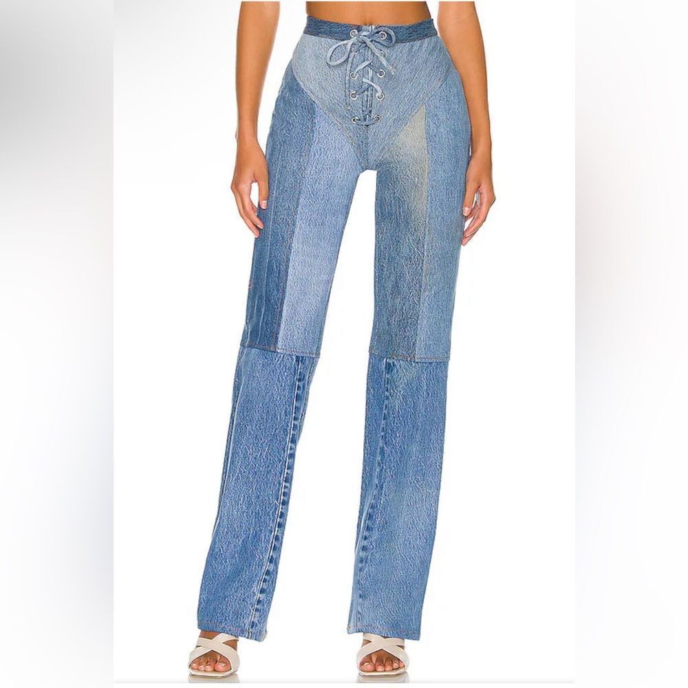 EB Denim Lace up jeans blue patchwork straight leg flares Revolve Sz 2 / S $385
